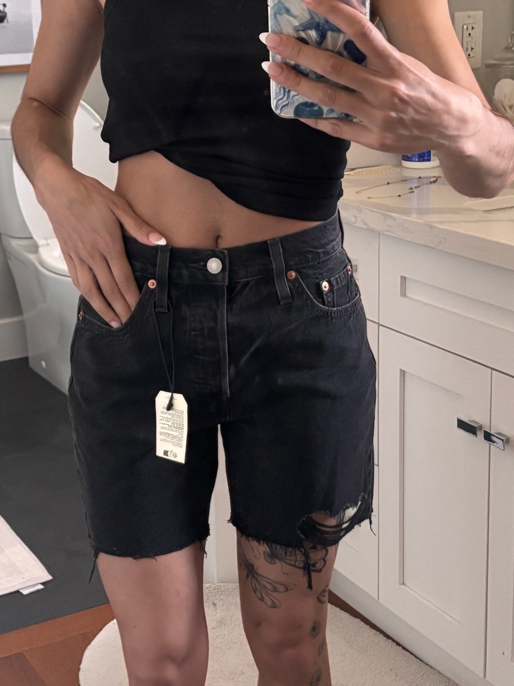 Levi's 501 Mid Thigh Black Distressed Jean Shorts